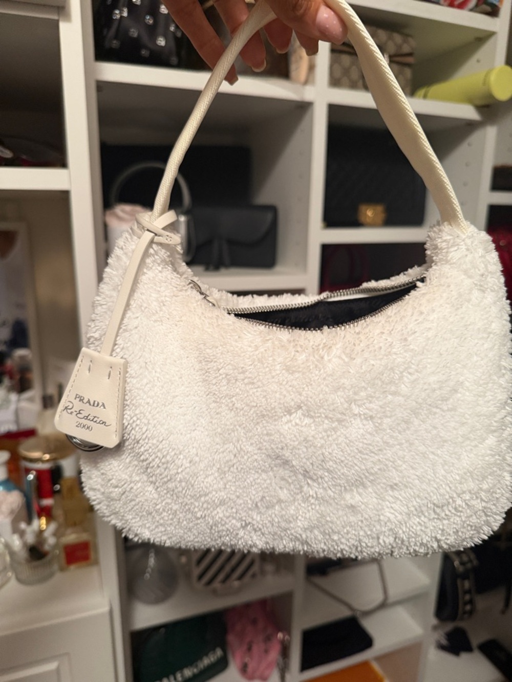 Prada White Teddy Shoulder Bag with Black Logo - Picture 3 of 4